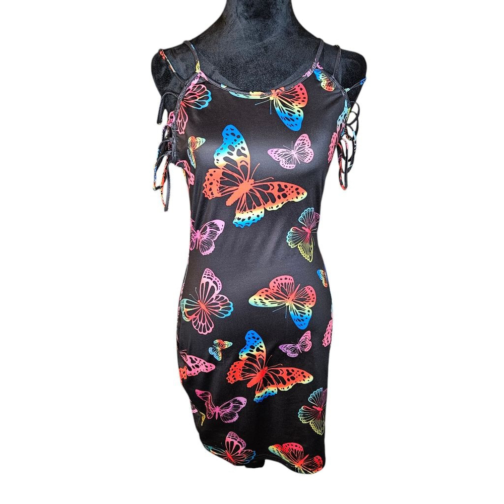SHEIN Medium Rainbow Butterfly Print Strappy Sleeve Bodycon Mini Dress - Picture 3 of 11